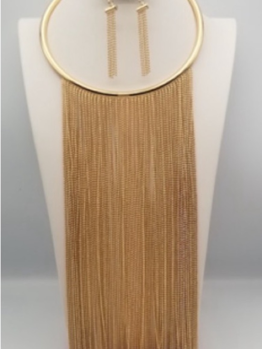 Gold Fringe Statement Necklace and Chain Drop Earrings Set